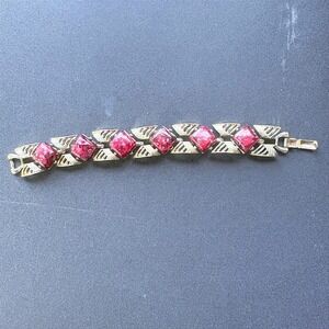 Vintage Coro Ruby Red Confetti Lucite Gold Tone Link Bracelet Mid Century Modern